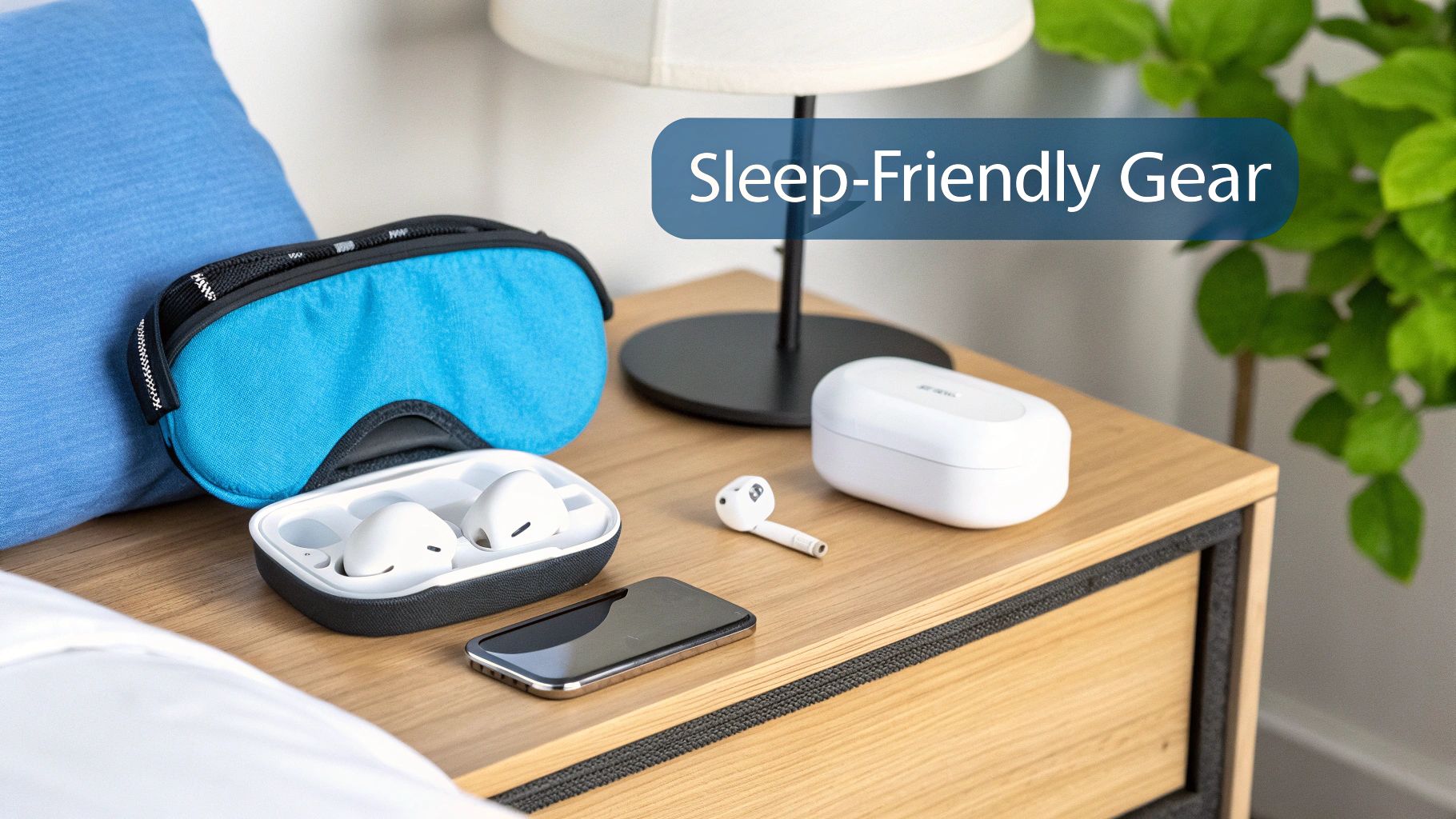 Sleep-friendly gear on a nightstand: a blue sleep mask, wireless earbuds, smartphone, and other sleep aids.