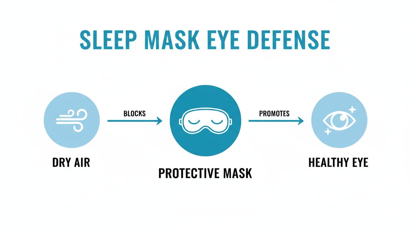 Diagram illustrating how a sleep mask blocks dry air to promote healthy eyes and prevent dryness.