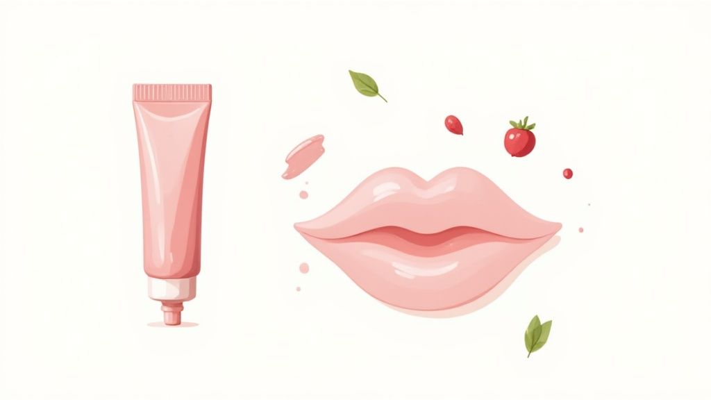 Pink lip balm tube and glossy lips with berries and leaves, symbolizing natural lip care.