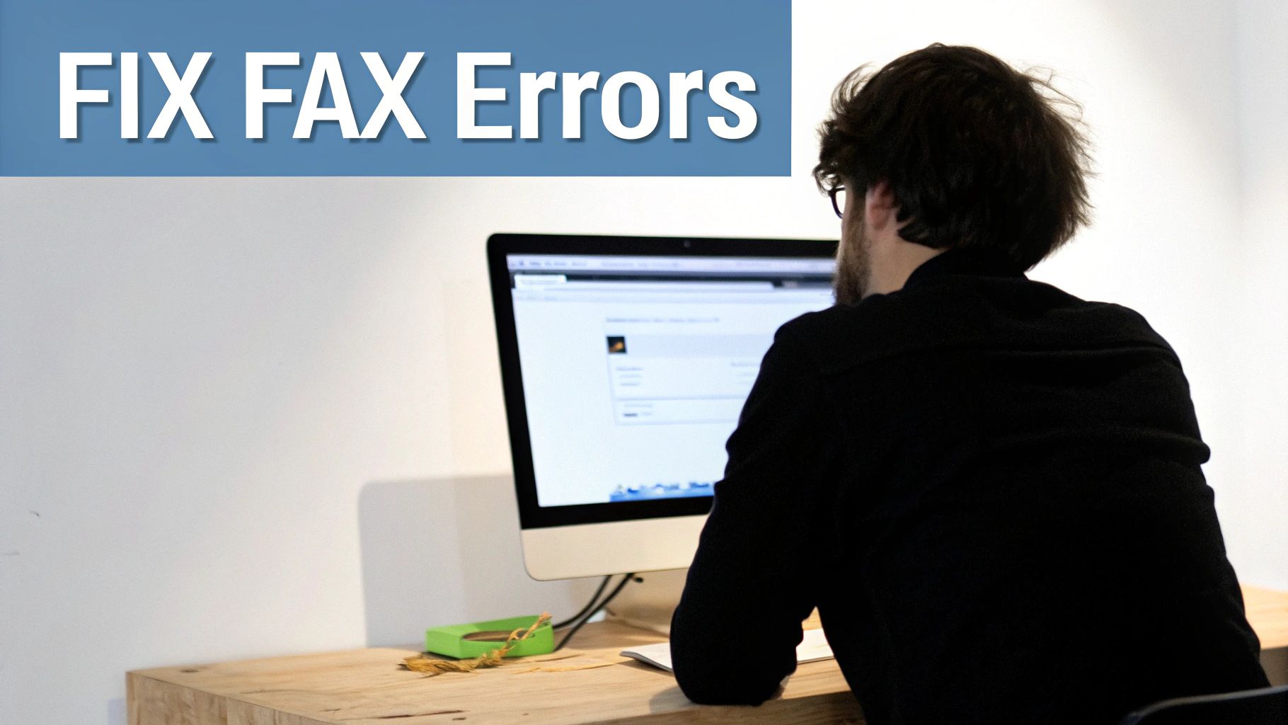 A person in a black shirt looks at a computer screen under a 'FIX FAX Errors' banner.
