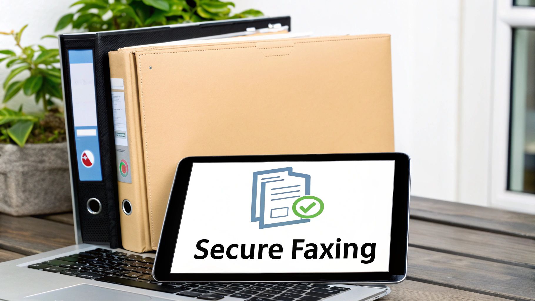 Tablet displaying 'Secure Faxing' on a laptop keyboard, with office binders in the background.