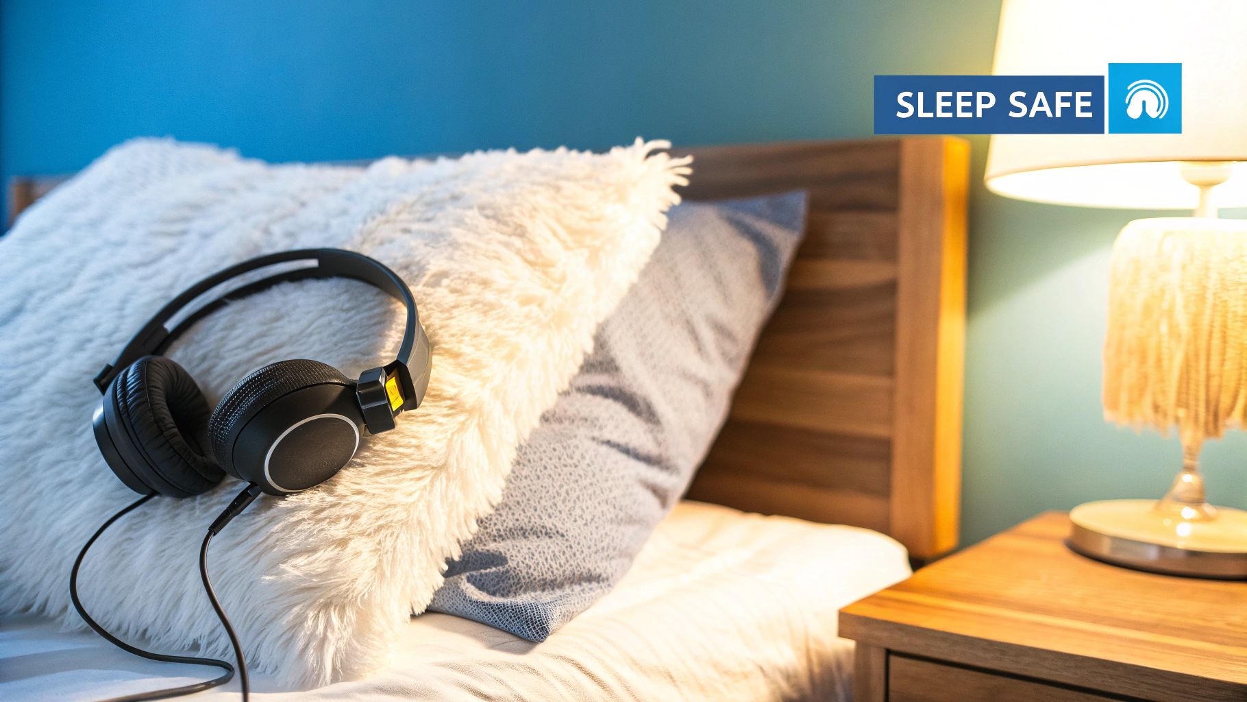 A person sleeping peacefully in bed while wearing comfortable sleep headphones.
