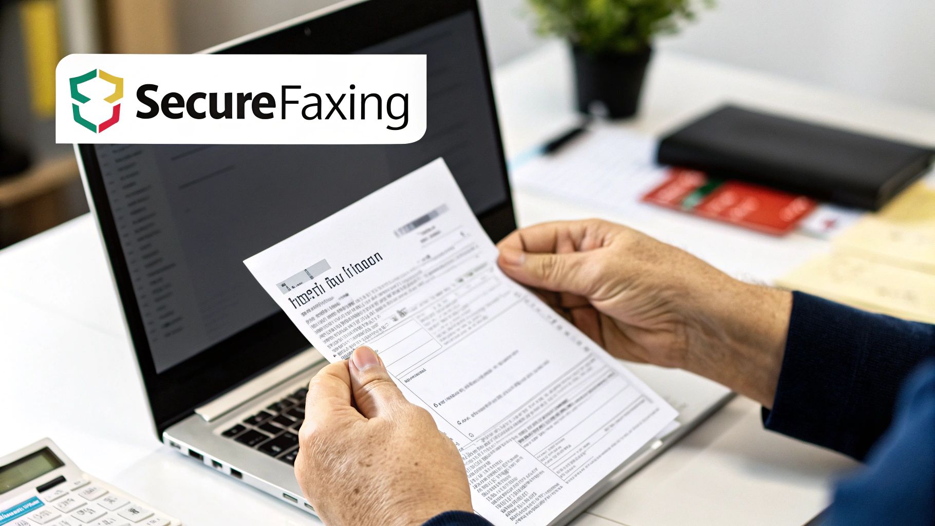 Person reviewing a document in front of a laptop with SecureFaxing logo, suggesting online document processing.