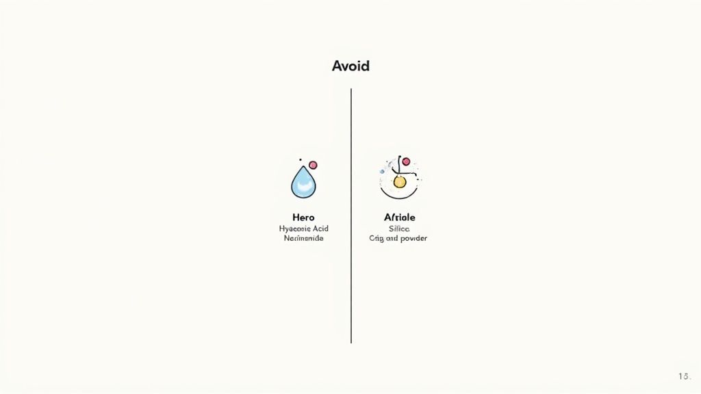 A diagram comparing 'Hero' ingredients like Hyaluronic Acid and Niacinamide with 'Aftriale' silica and powder, under an 'Avoid' heading.