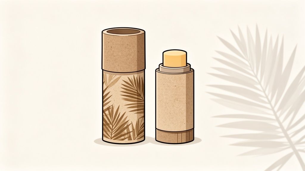 Two eco-friendly kraft paper tubes, one closed with a palm leaf print, the other open revealing a yellow product.