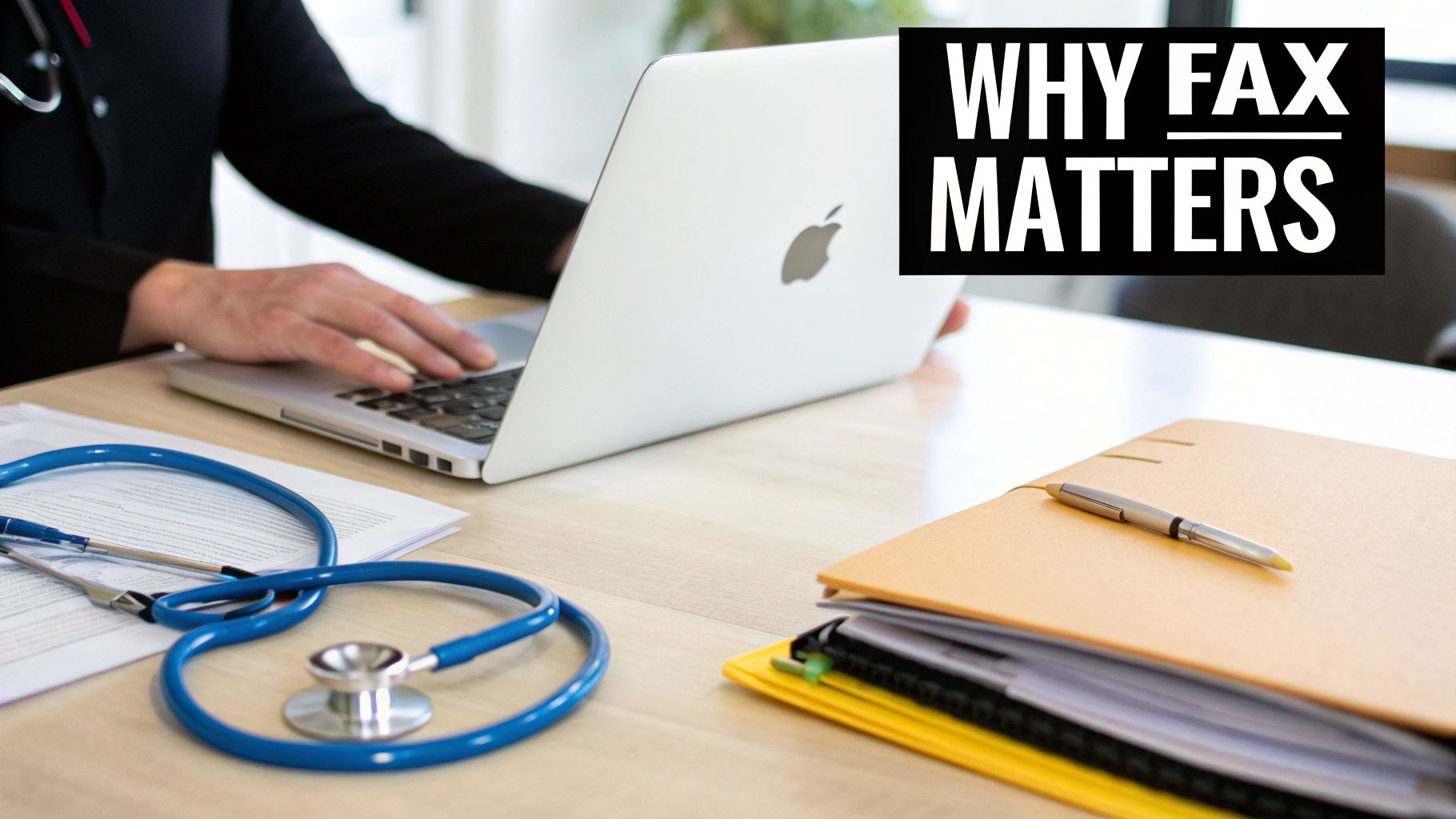 Medical professional typing on a laptop with a stethoscope and files, discussing why fax matters.