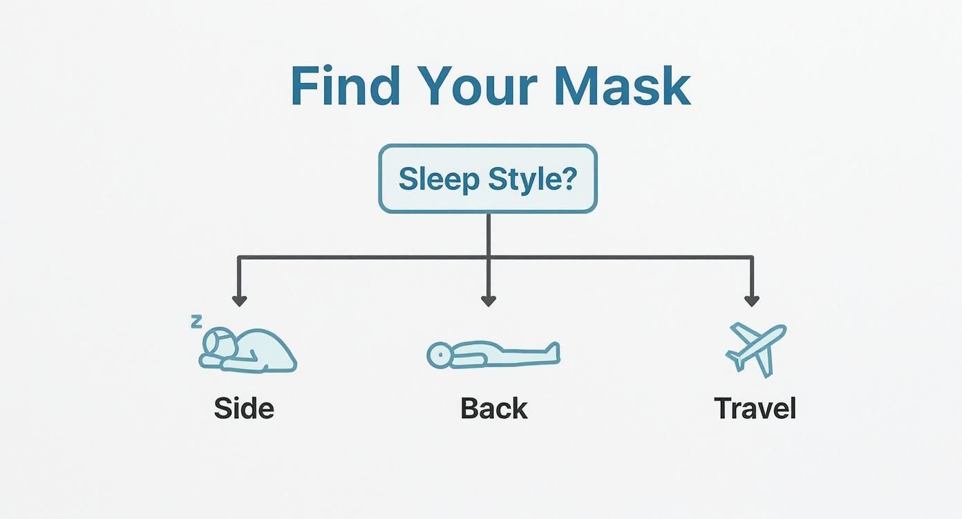Infographic showing a decision tree for choosing the best eye mask based on sleep style: side, back, or travel.