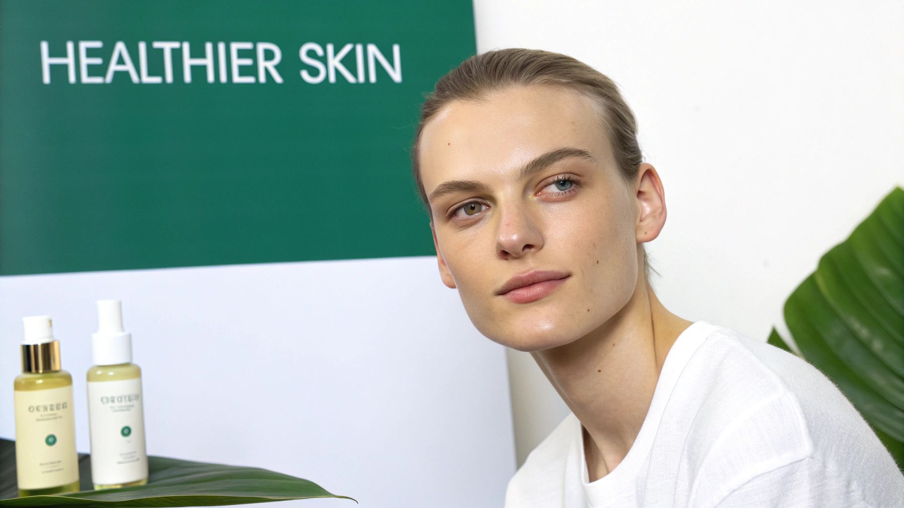 A person applying clean makeup with a brush, with fresh ingredients in the background