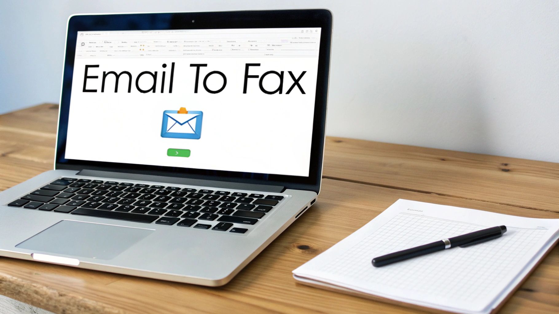 A laptop displaying 'Email To Fax' on its screen with a notebook and pen on a wooden desk.