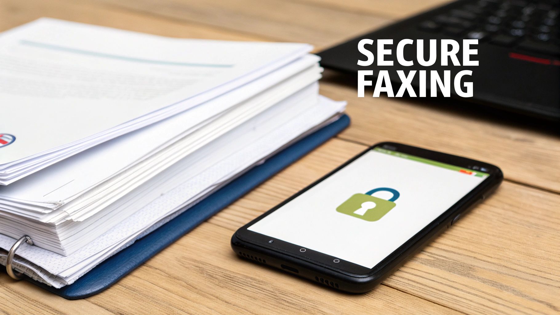 A smartphone with a lock icon next to a stack of papers, representing secure digital faxing.