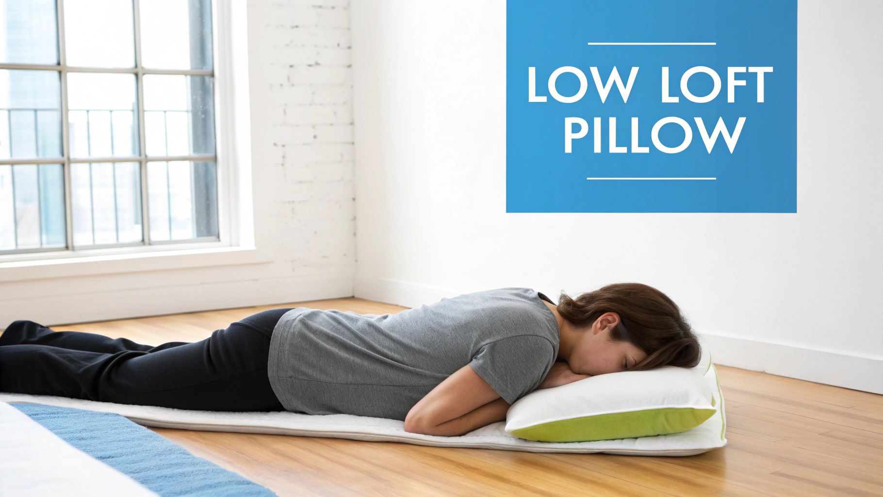 A woman lies face down on a floor mattress, resting her head on a low-loft pillow.