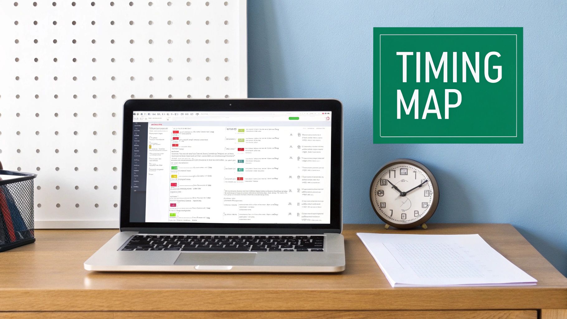 A laptop on a wooden desk displays data, beside a clock and a 'TIMING MAP' sign on the wall.
