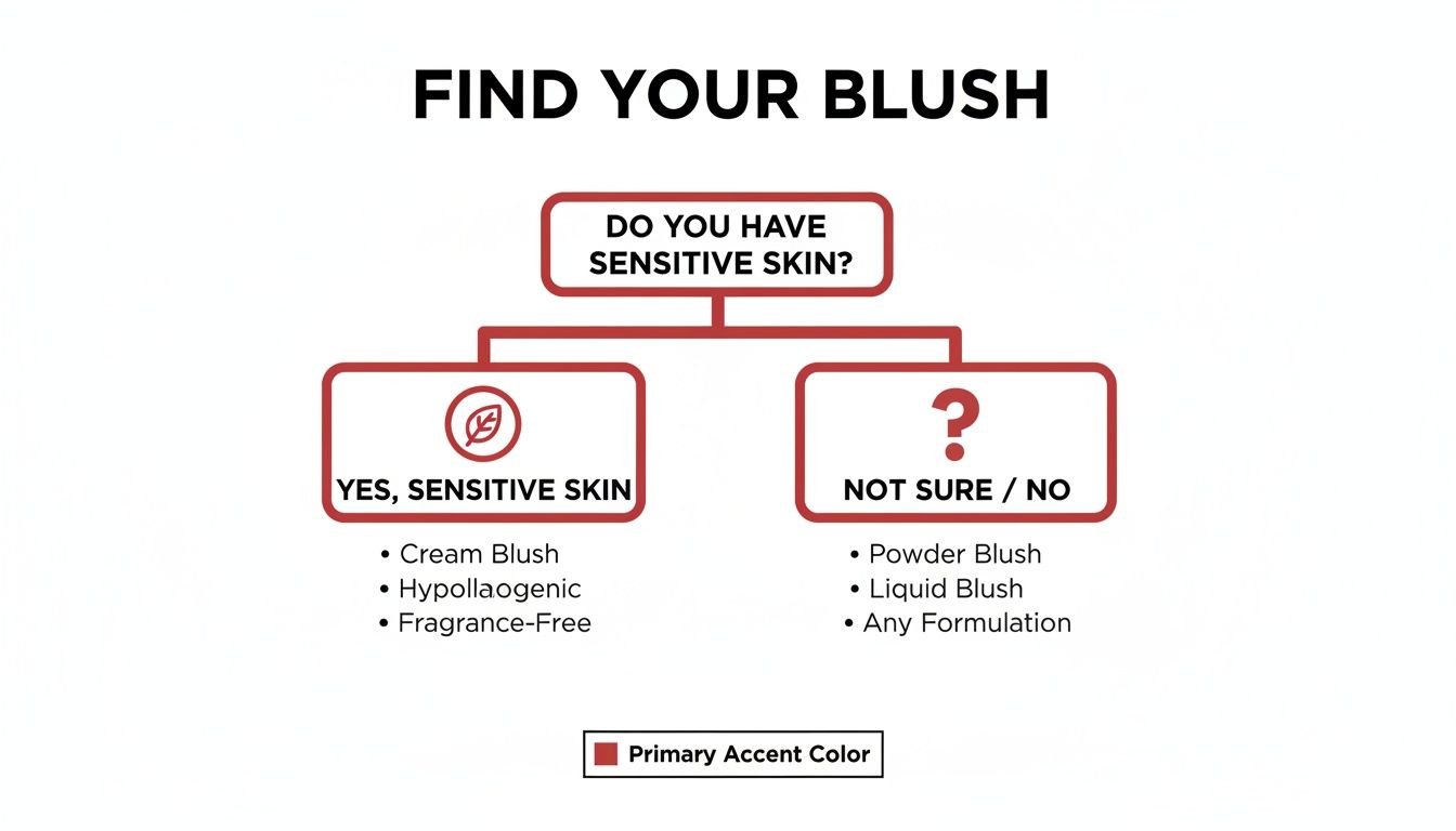 Flowchart guiding blush selection based on sensitive skin, recommending cream or powder blushes.