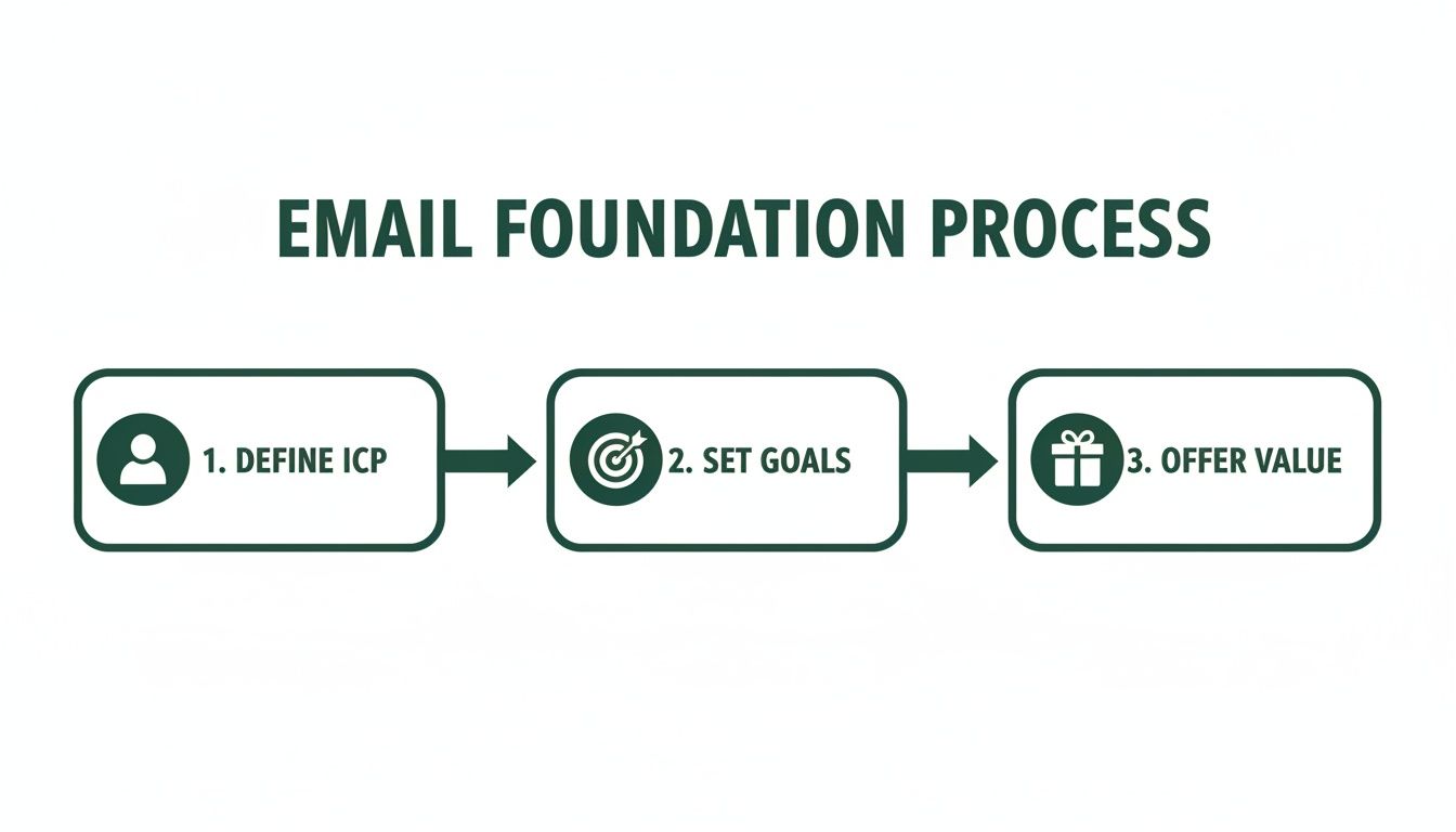 Flowchart illustrating the Email Foundation Process with three steps: Define ICP, Set Goals, and Offer Value.