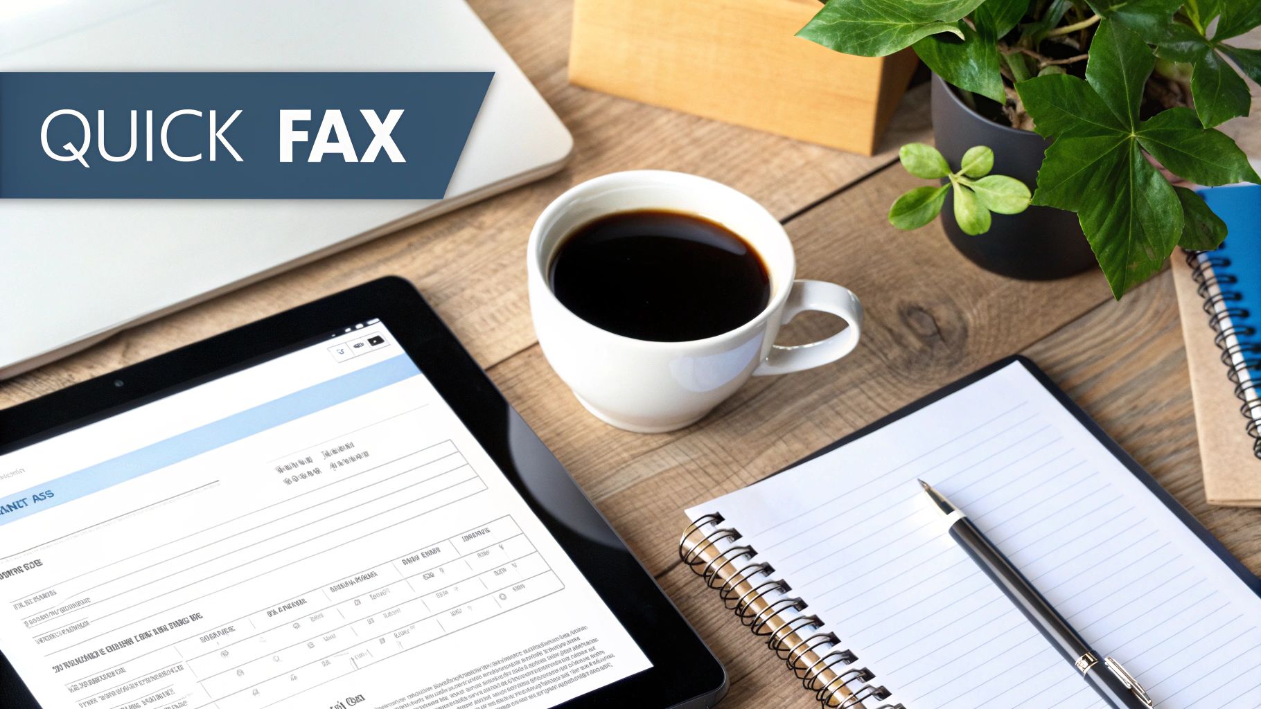 An overhead view of a modern desk with a laptop, tablet displaying a form, coffee, and quick fax text overlay.