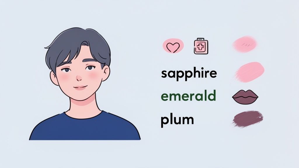 An illustration of a person with cool undertones, showing sapphire, emerald, and plum colors.