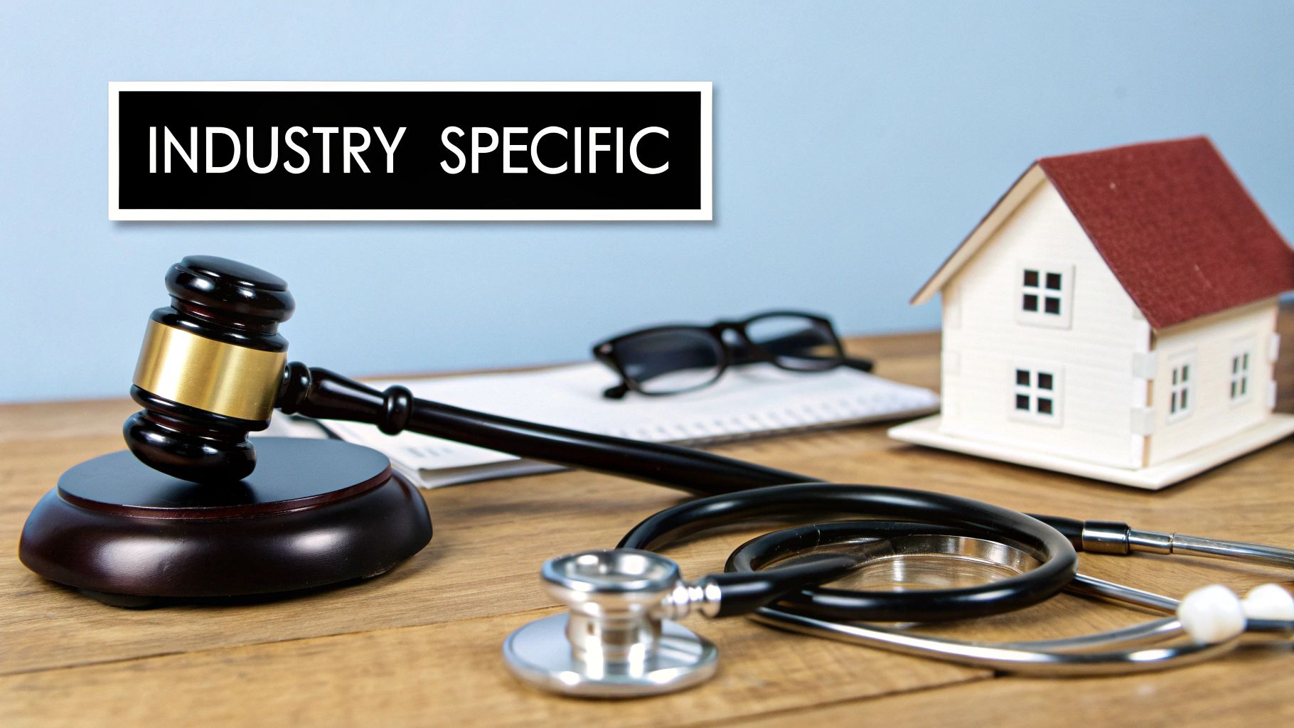 A gavel, stethoscope, and house model on a wooden desk under an 'INDUSTRY SPECIFIC' sign.