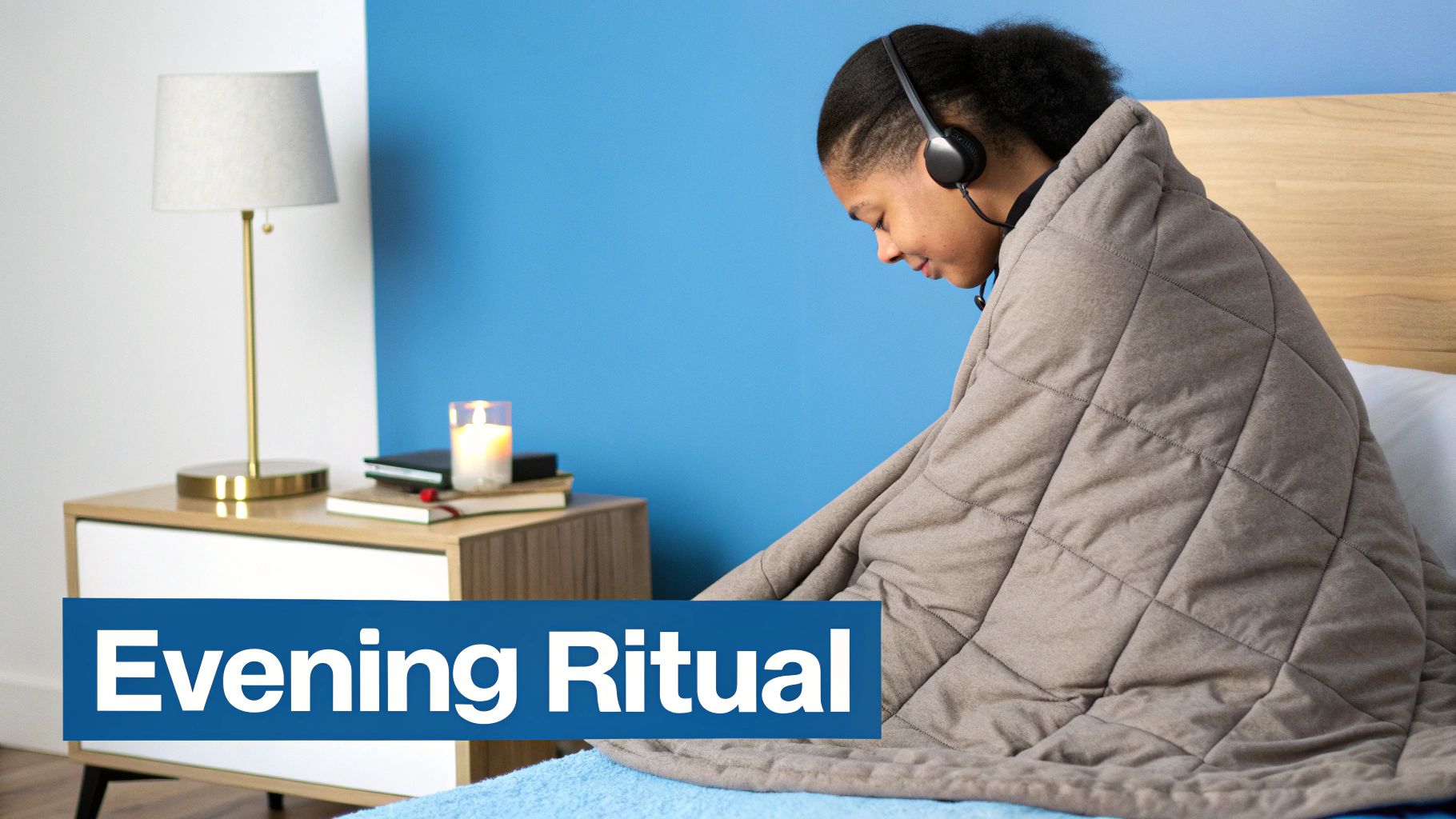 A young person covered in a weighted blanket, wearing headphones, practicing an evening ritual with a candle and books.