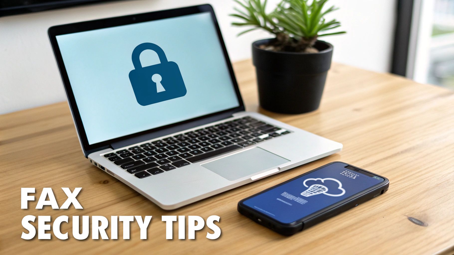 Illustration of a digital document with a lock icon, symbolizing secure faxing from a computer.