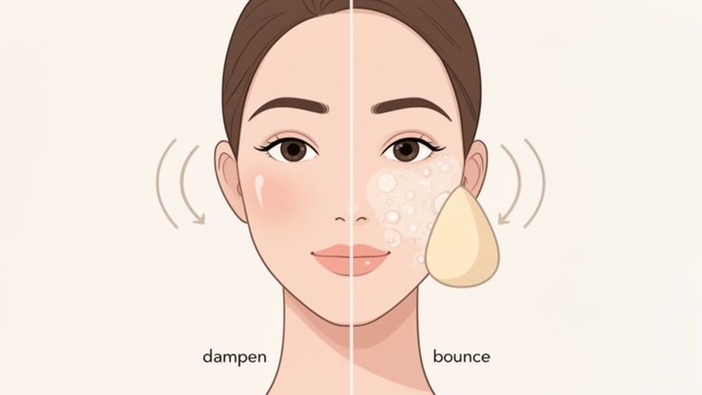 Illustration demonstrating two steps of applying foundation: dampen skin/sponge and bounce with makeup sponge.