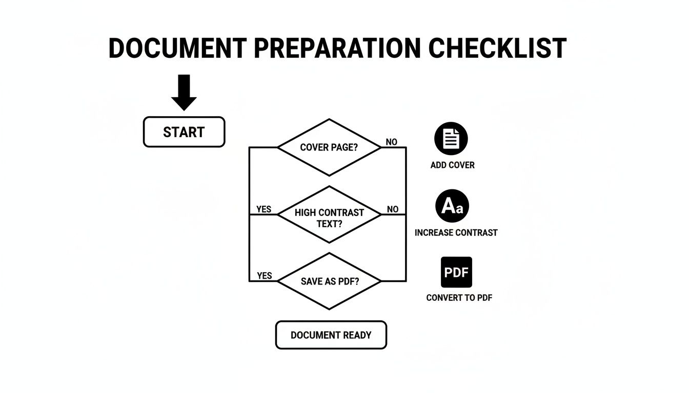 A black and white flowchart for document preparation, including checks for cover, contrast, and PDF conversion.