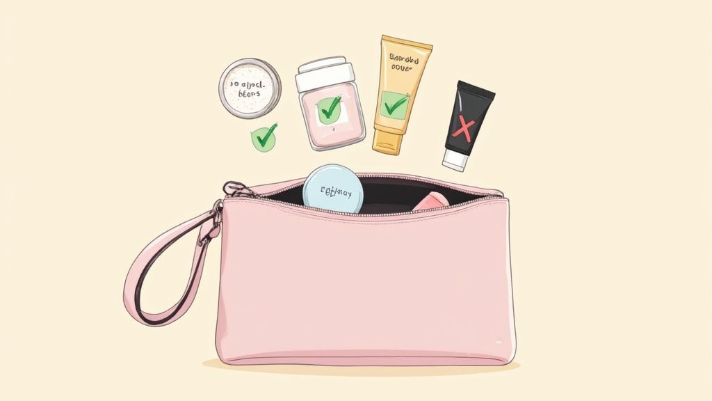 An illustration of beauty products, some approved with checkmarks and one rejected, around a pink cosmetic bag.