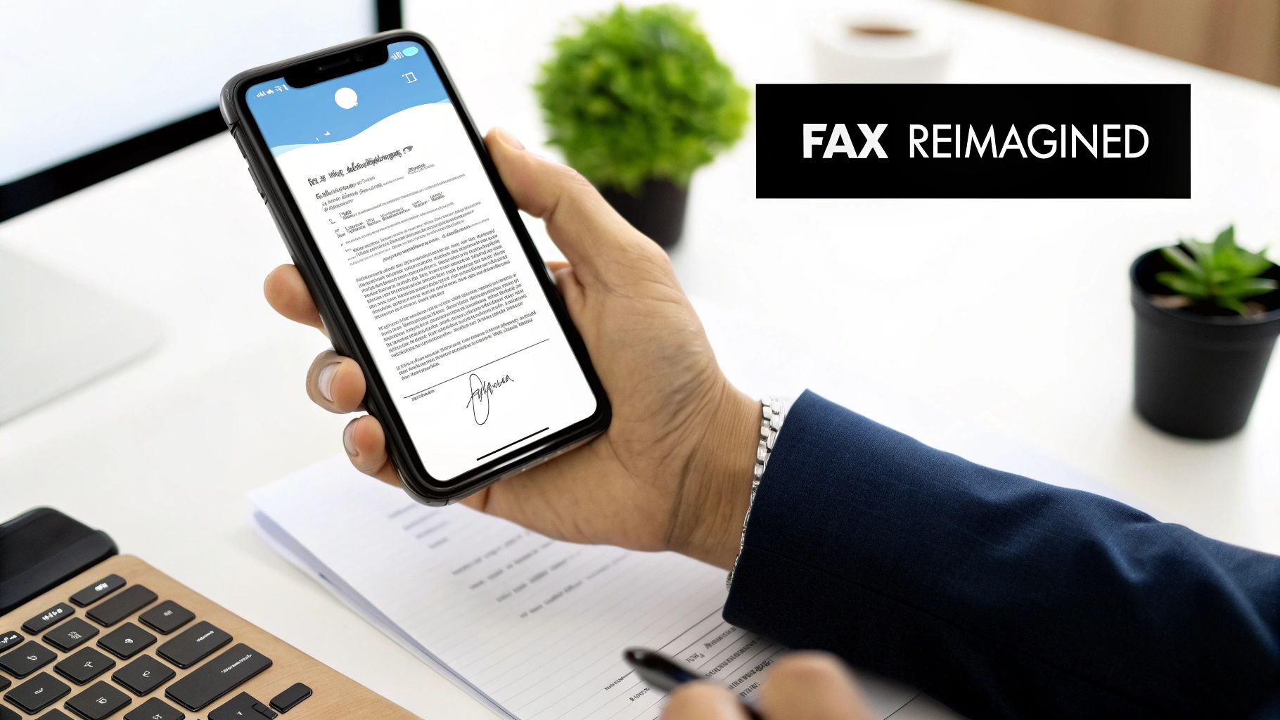 A person holds a smartphone displaying a signed document, with 'FAX REIMAGINED' text in the background.