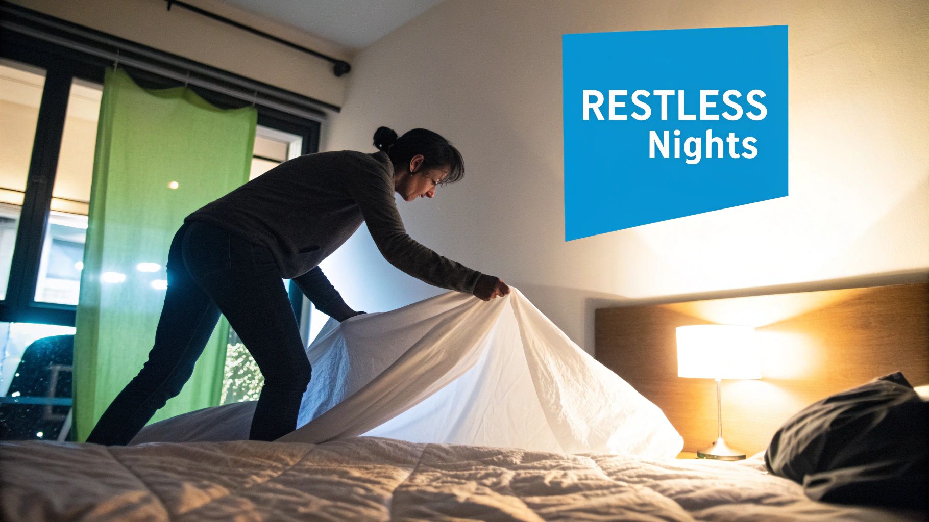 A person tossing and turning in bed, looking restless under the covers.