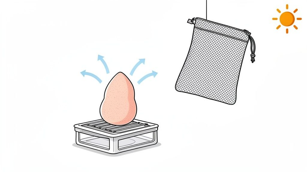 A makeup sponge air-dries on a rack with air circulation, next to a hanging mesh bag and sun.