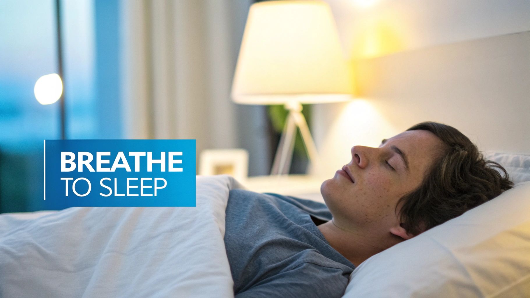 A person peacefully sleeping in bed with a blue graphic overlay that reads 'Breathe to Sleep'.