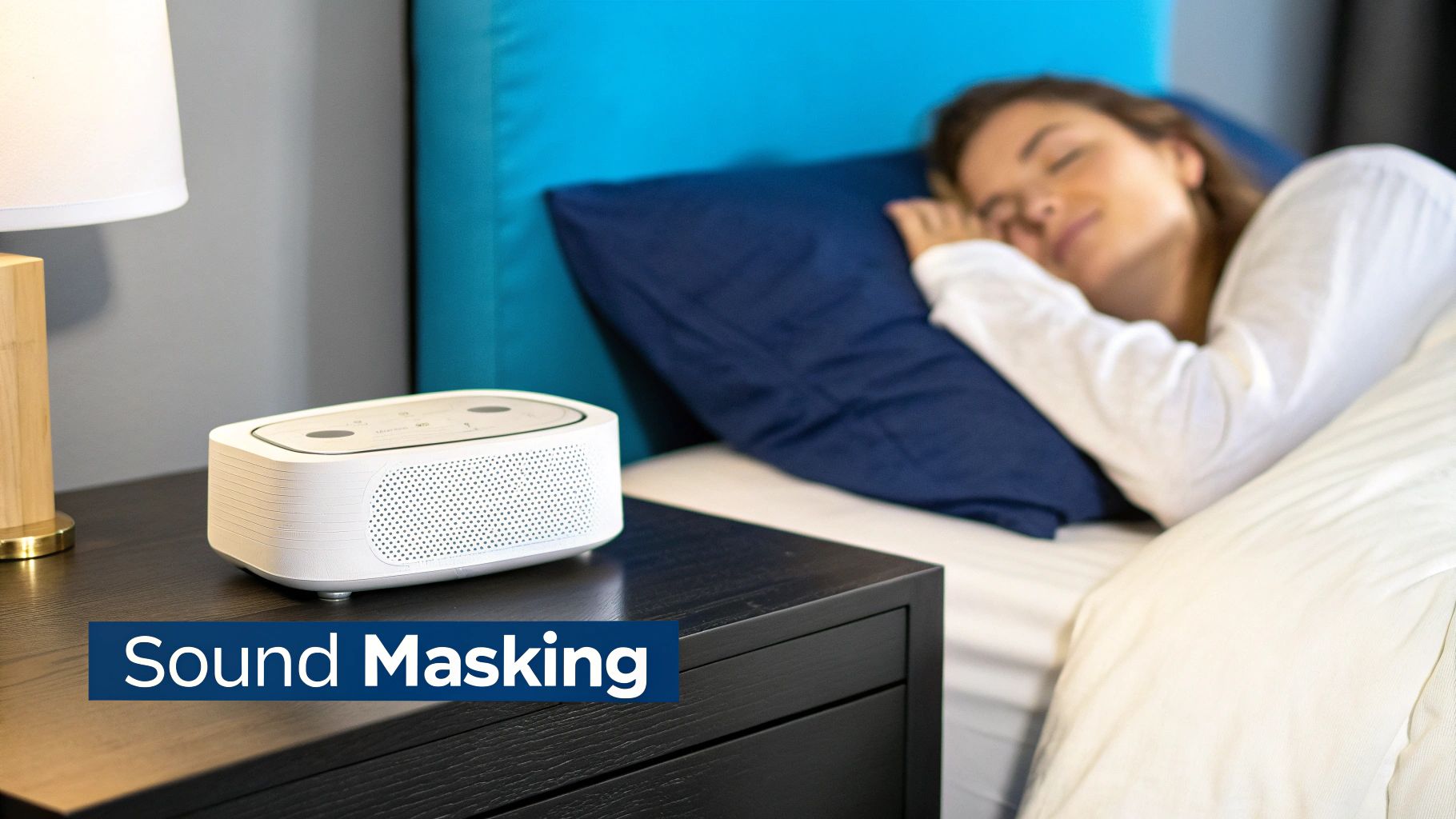 A white noise machine on a nightstand next to a bed