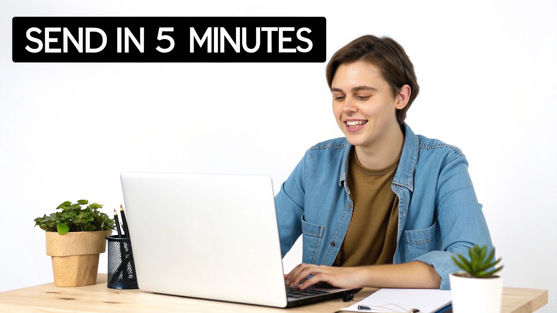 A smiling young person working on a laptop at a desk with plants and text "SEND IN 5 MINUTES".