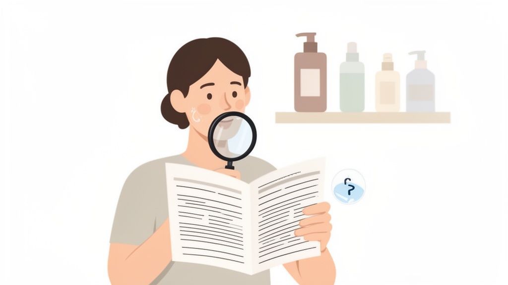A woman uses a magnifying glass to meticulously read ingredients on a document, with beauty products on a shelf.