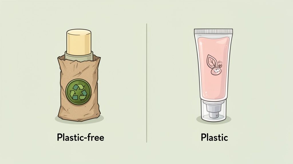 An illustration comparing a plastic-free lip balm in a paper tube to a plastic lip gloss tube.