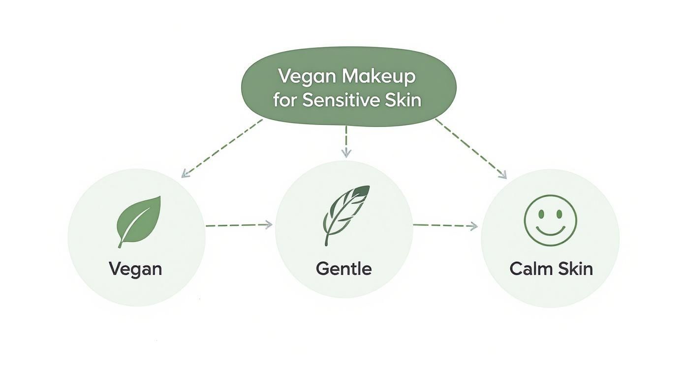 Diagram illustrating that vegan makeup for sensitive skin results in vegan, gentle, and calm skin.