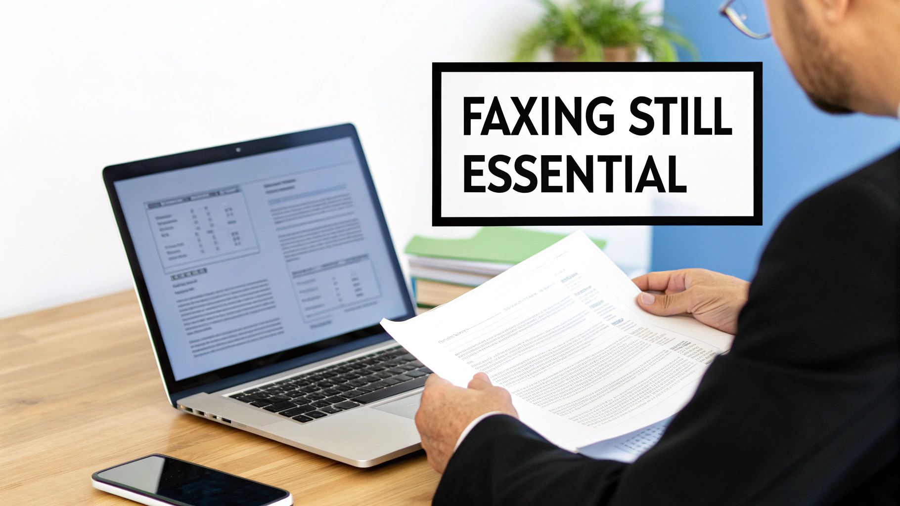 A person at a desk reviews documents with a laptop and smartphone, highlighting 'FAXING STILL ESSENTIAL'.