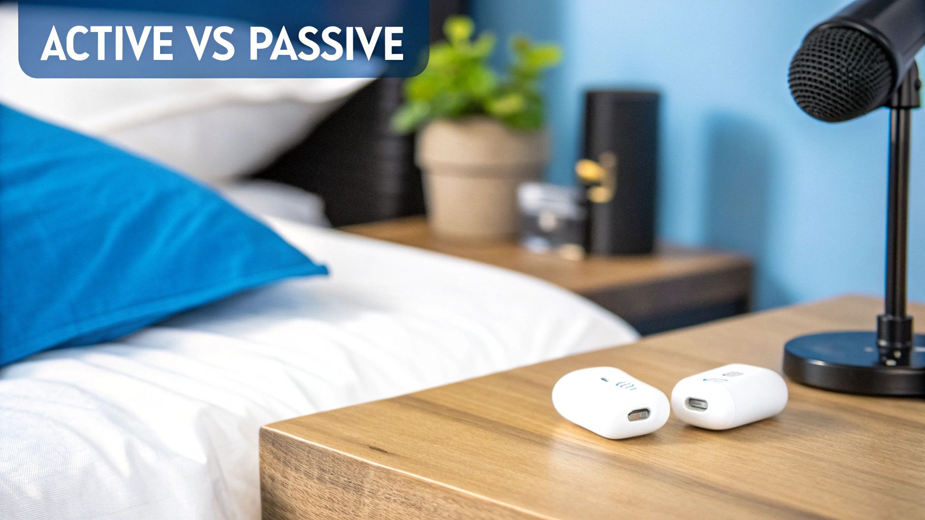 Two white sleep aid devices and a microphone on a wooden nightstand in a bedroom setting.