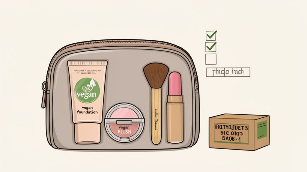 An illustration of a vegan makeup kit inside a cosmetic bag, with a checklist and a box.