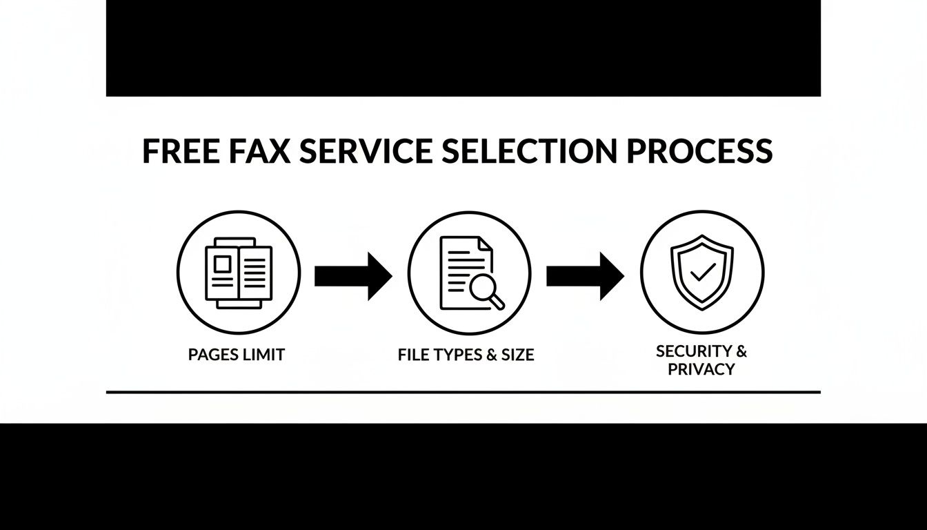 A diagram illustrating the free fax service selection process, detailing pages limit, file types, and security.