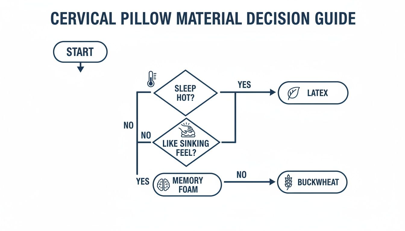 A flowchart guiding users to choose cervical pillow material based on sleeping temperature and feel.