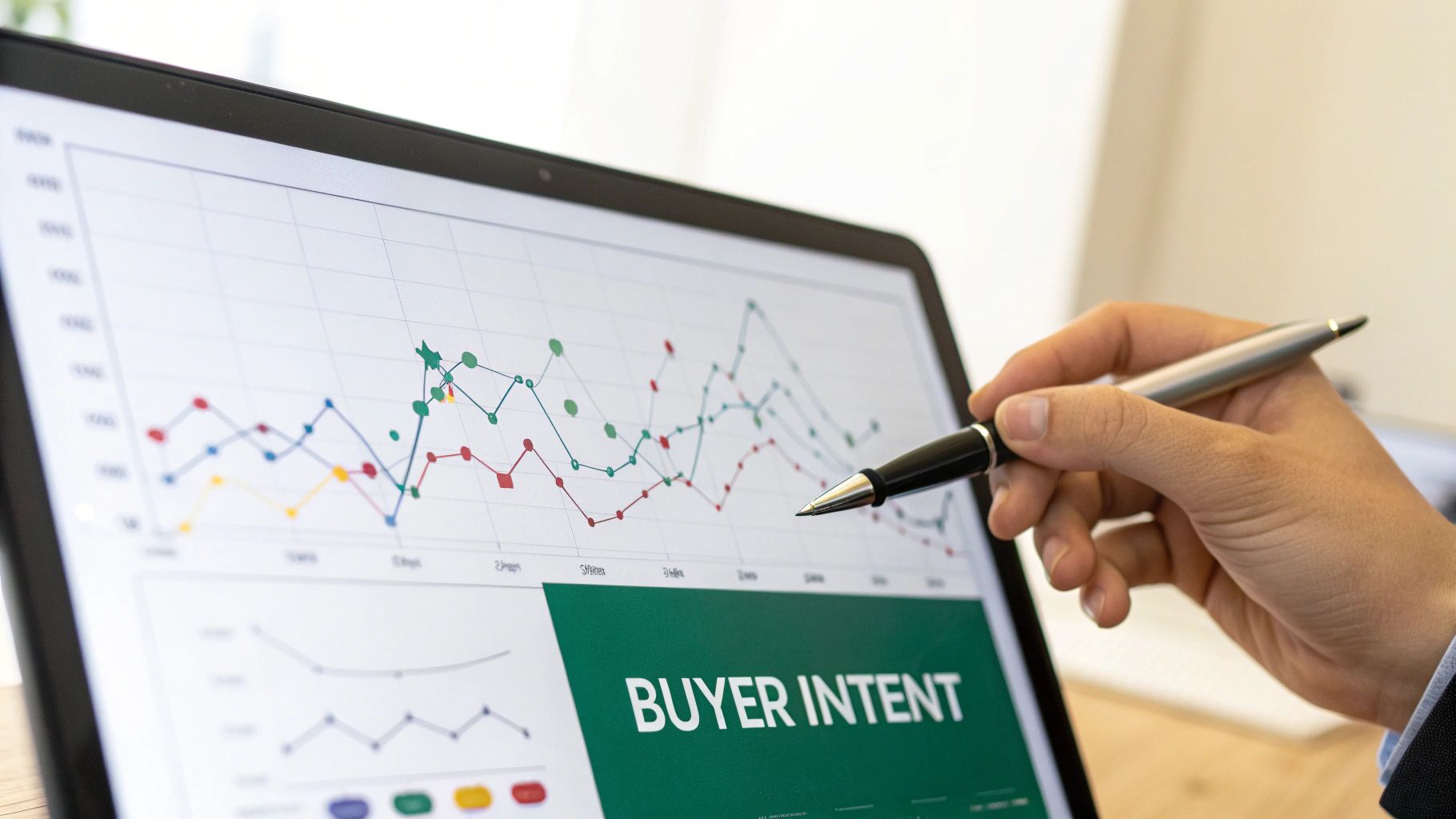 A hand points at a laptop screen showing graphs and 'BUYER INTENT' text, indicating data analysis.