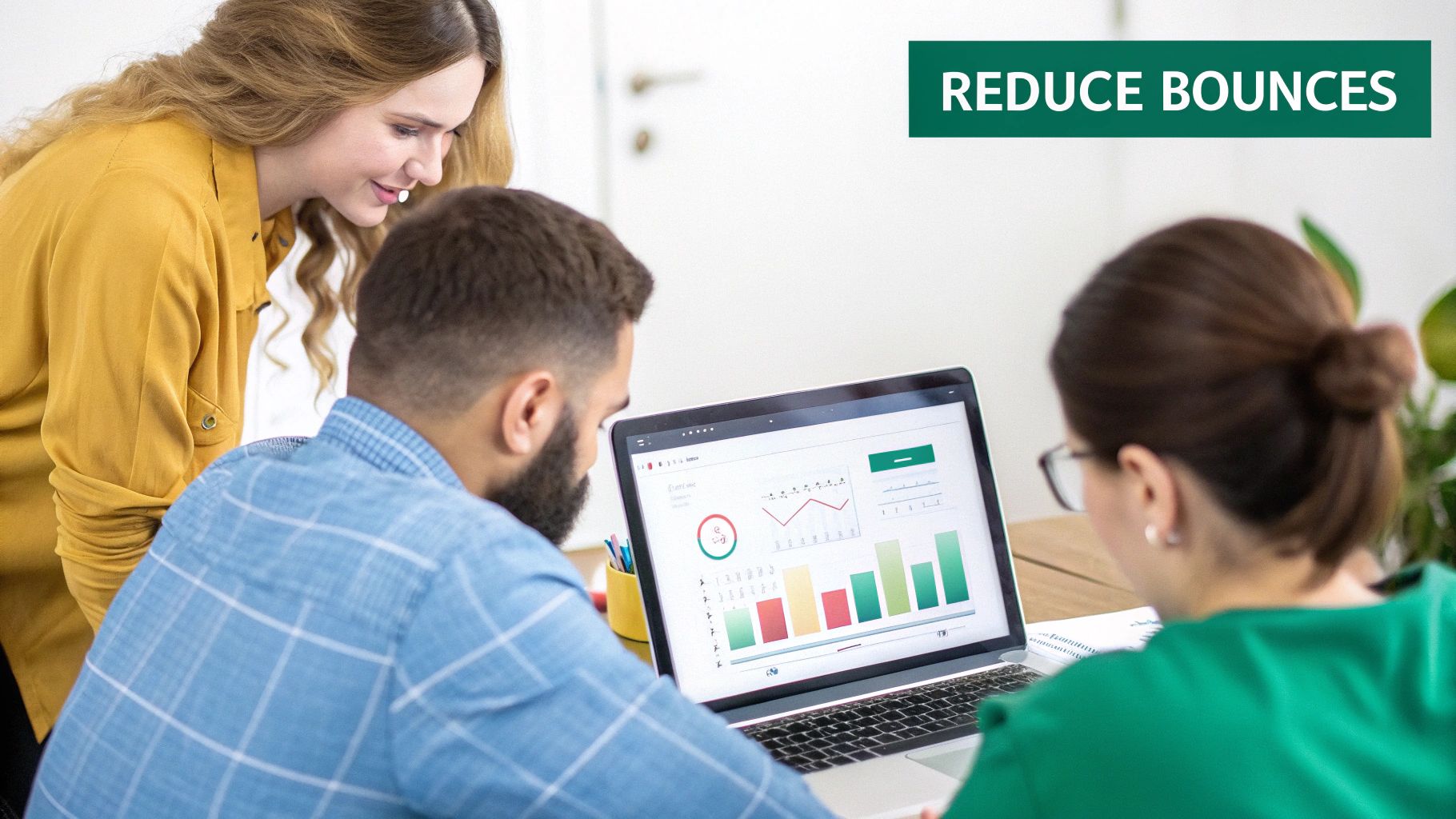 A person working on a laptop with charts and graphs in the background, symbolizing business analytics.