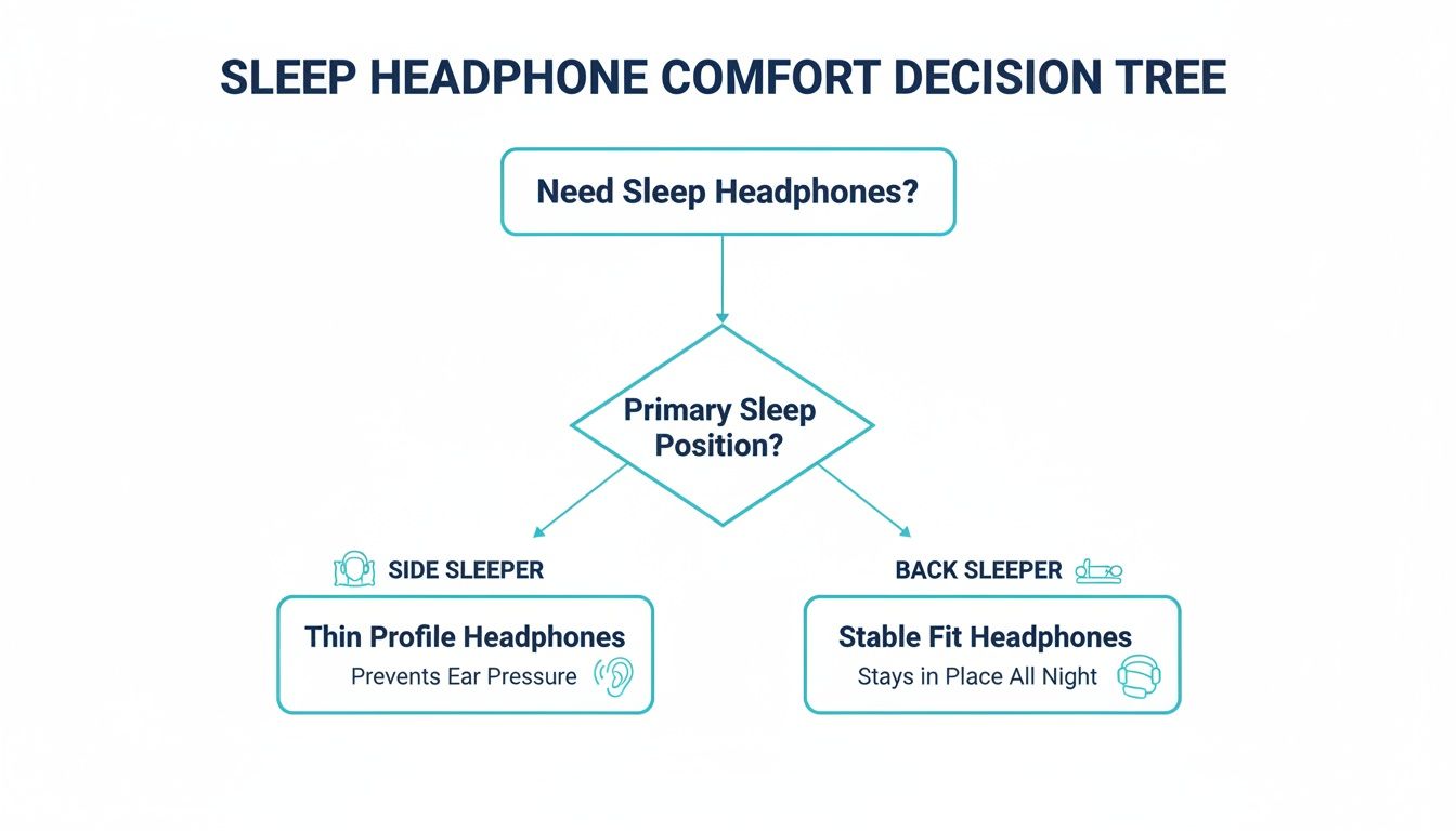 A decision tree guiding users to choose sleep headphones based on their primary sleeping position.