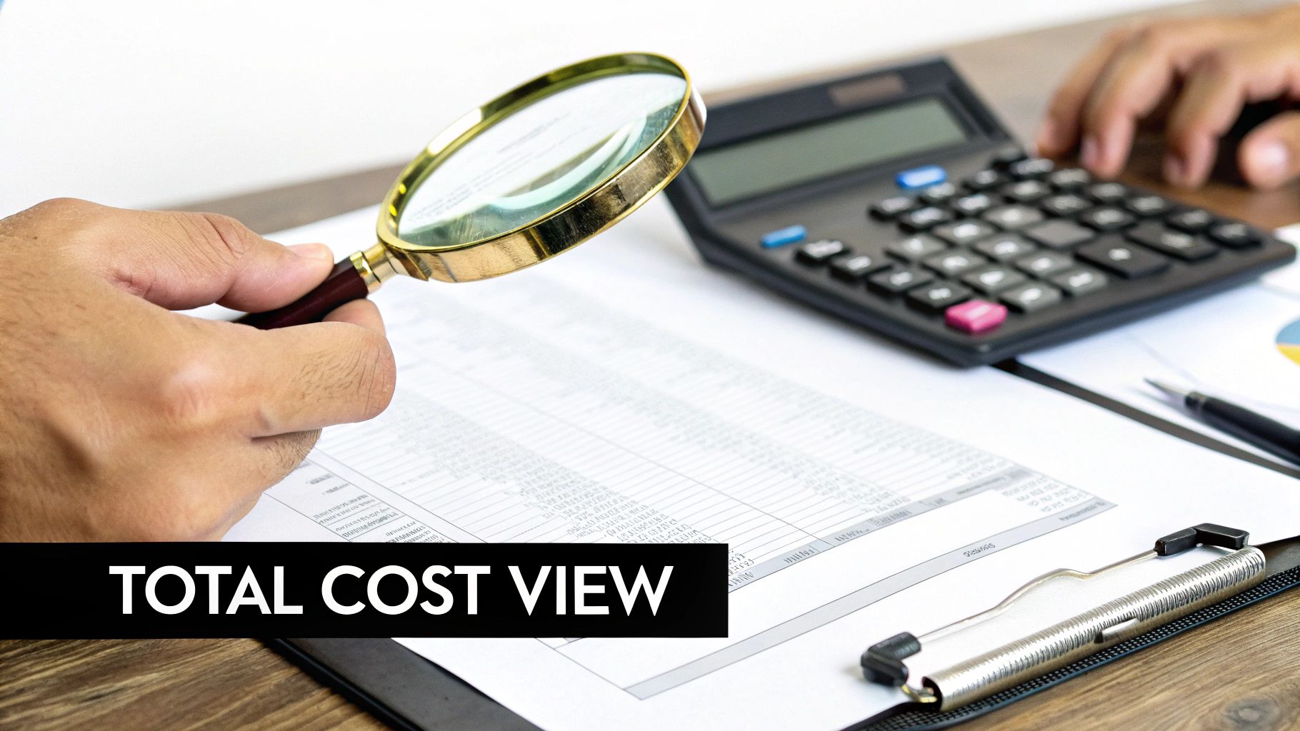 A magnifying glass hovering over a price tag, symbolizing a closer look at the true costs of an online fax service.