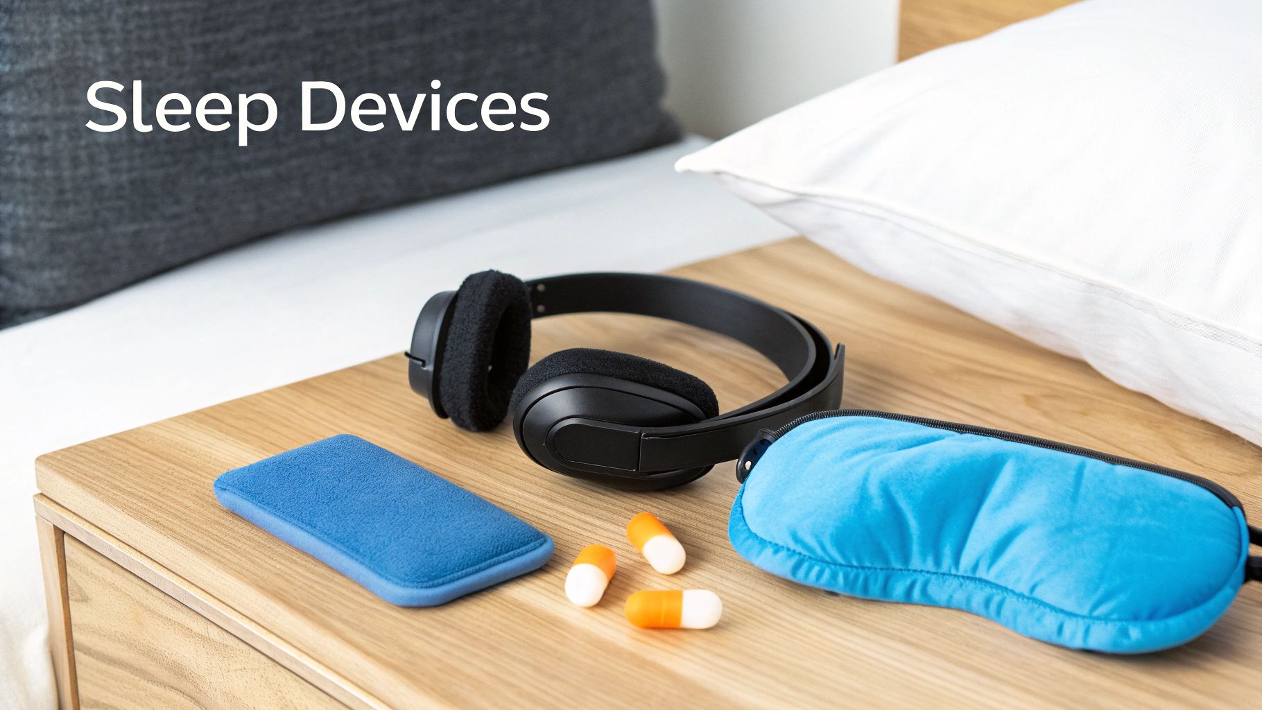 Various sleep devices on a wooden nightstand: black headphones, blue eye mask, earplugs, and a blue pad.