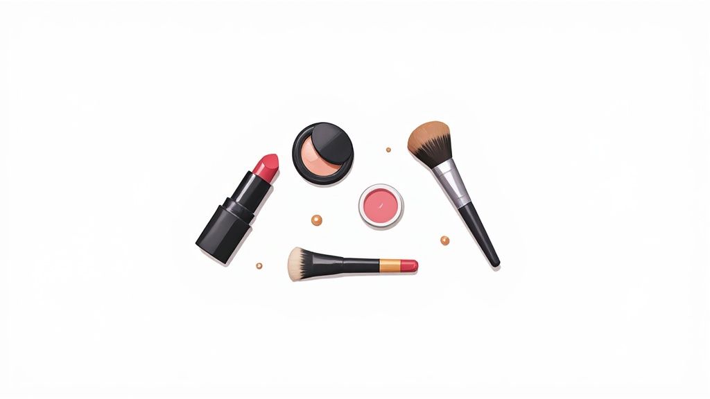 A collection of eco-friendly makeup products, including bamboo brushes and products in glass jars, arranged on a clean, natural background.