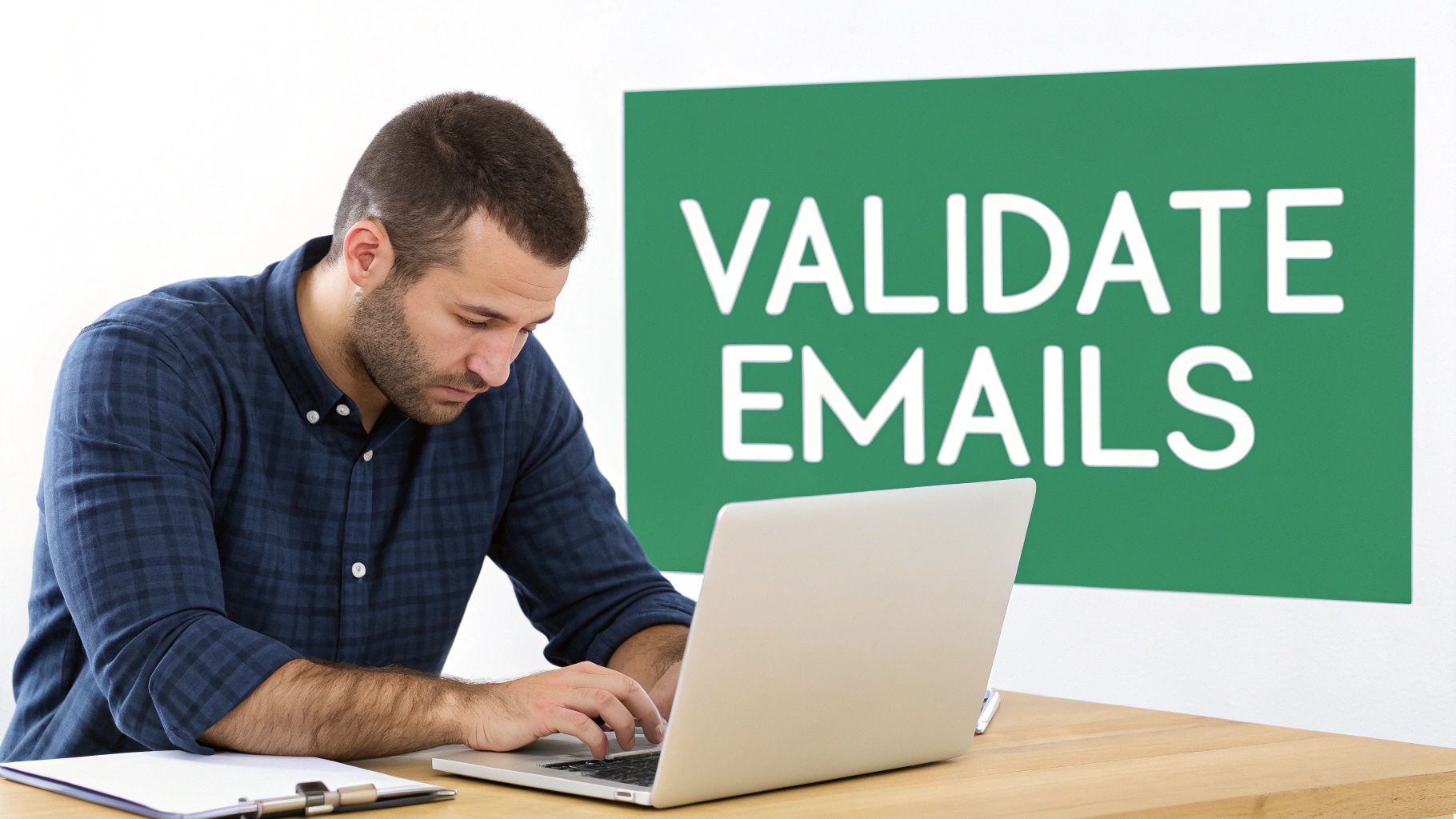 A man in a blue plaid shirt intently typing on a laptop, with a 'VALIDATE EMAILS' sign behind him.