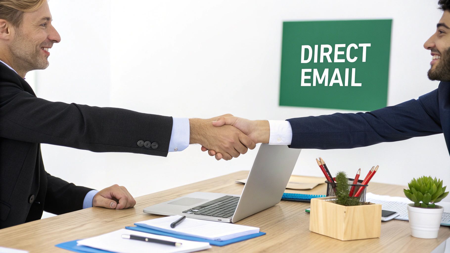 A professional shaking hands with another, symbolizing a successful business connection.