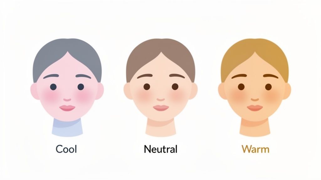 Three cartoon faces demonstrate cool, neutral, and warm skin undertones with varying complexions and hair.