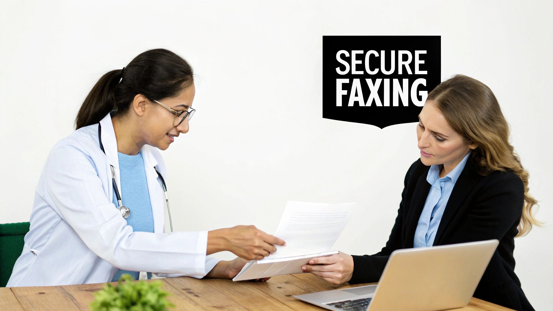 A person sending a document from a laptop to a fax machine, illustrating the convenience of online faxing.